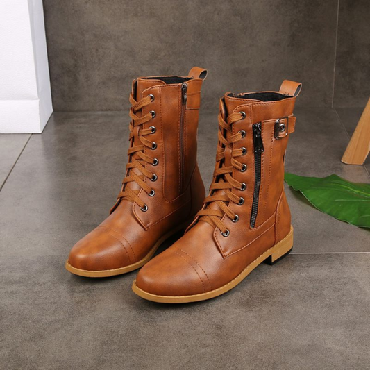Botas de caña media con cierre ajustable y cordones decorativos para mujer