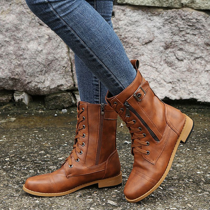 Botas de caña media con cierre ajustable y cordones decorativos para mujer